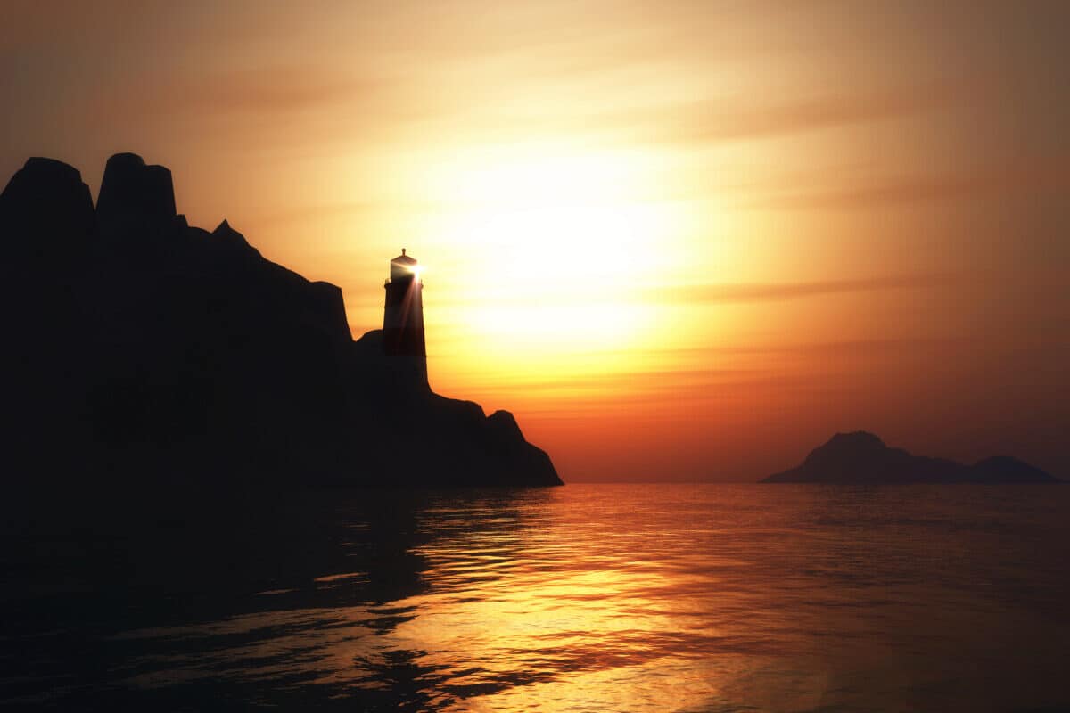 Zonsondergang bij vuurtoren – een metafoor voor de ontdekkingsreis met het comfort van Reislust campers, jouw gids naar ongekende bestemmingen.